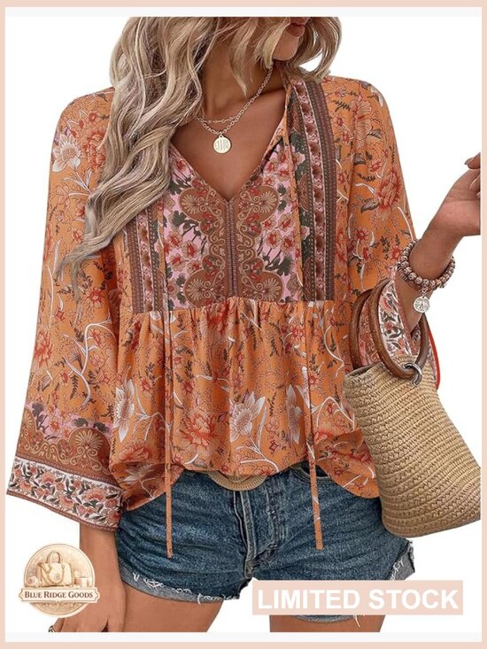 Tops - Boho Floral Print V-Neck Blouse 3/4 Sleeve Tie Front Casual Top